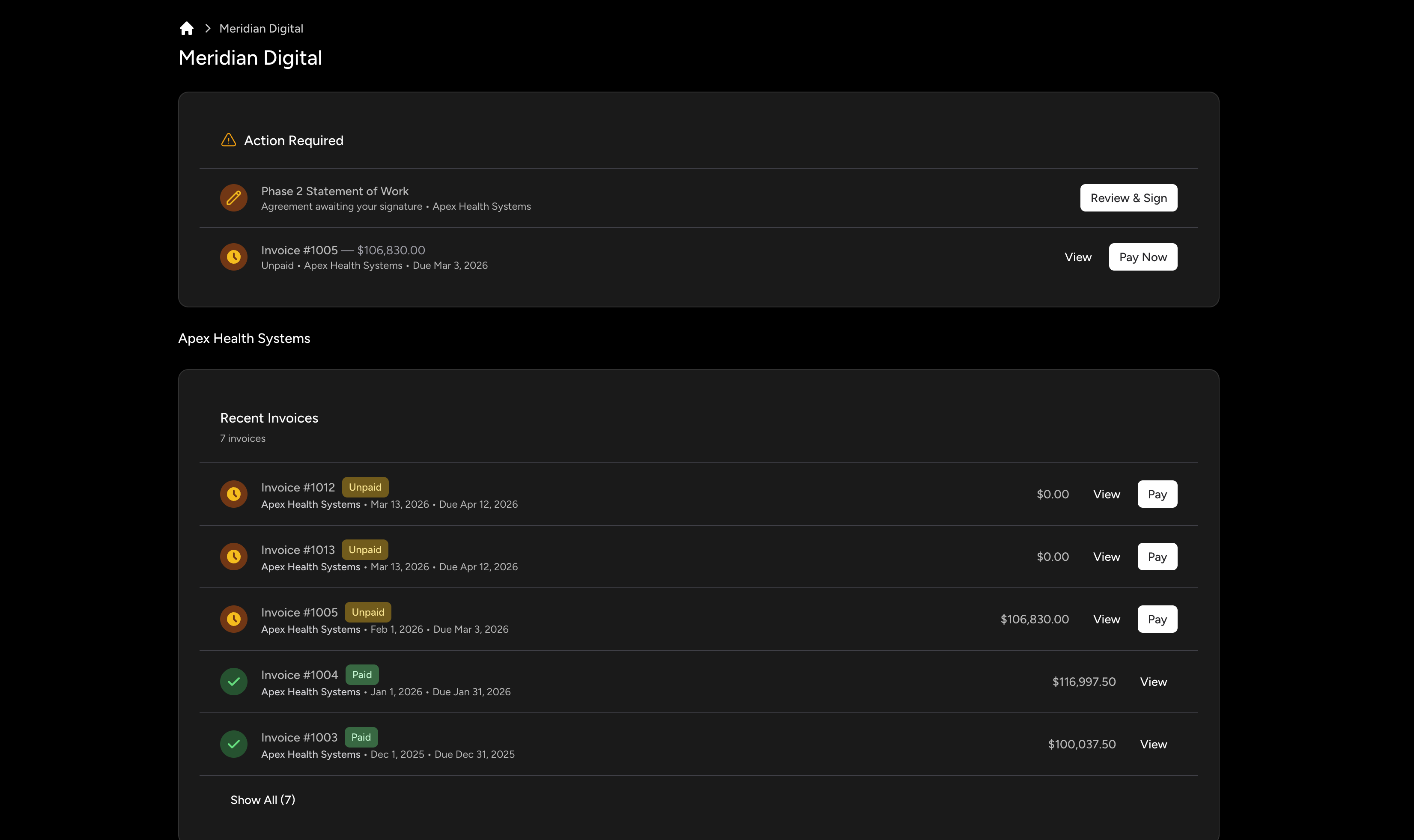 Client portal showing invoices, agreements, and project status