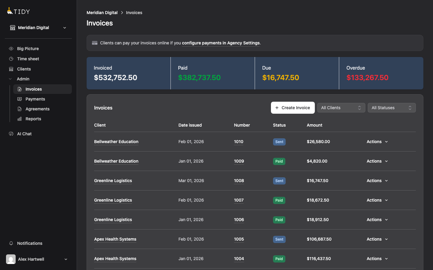 Invoice dashboard showing totals and invoice list with status tracking